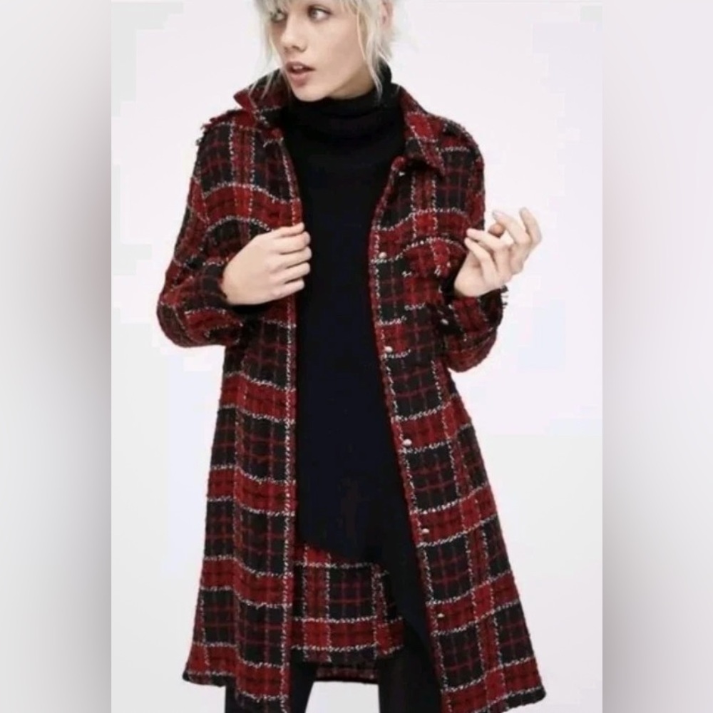 NWT Zara TRF Black Red Plaid Tweed Checked Overcoat Size Small